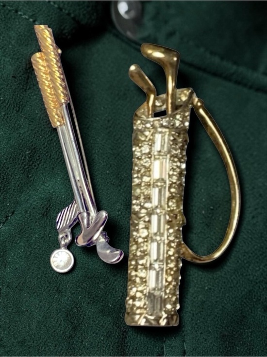 Liz Claiborne Jewelry - Set of Golf Clubs & Club bag Gold Tone Crystal Rhinestone Gem  2.25” Brooches